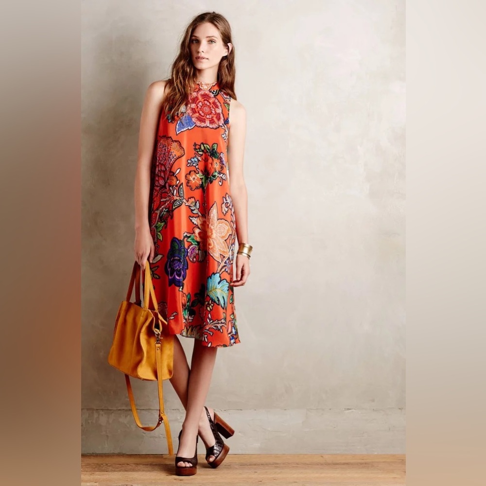 Anthropologie Maeve Orange Floral High Neck Dress Size Large